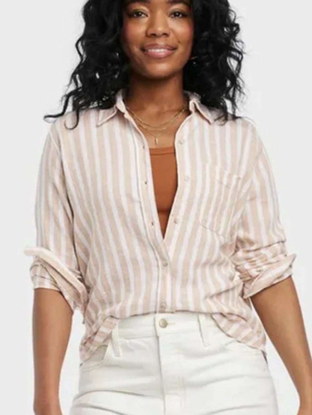 Striped Button-Front Shirt in Light Beige and White
